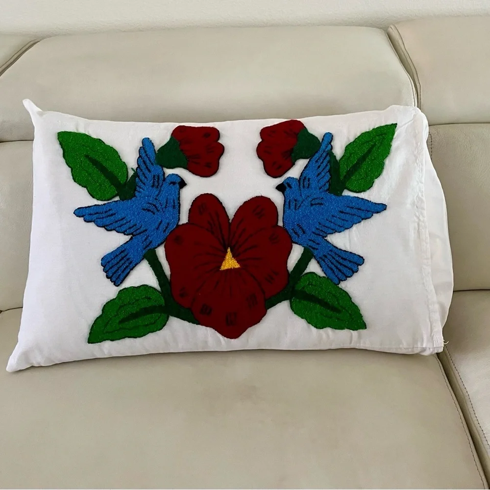 Embroidered Pillow with Birds and Flowers 17/26 inches